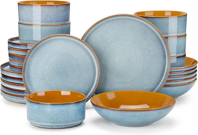 ONION Ceramic Plates and Bowls Sets for 6, 24 Pieces Stoneware Dinnerware Sets for Kitchen, Reactive Glaze Dish Set, Dishwasher and Microwave Safe, Light Blue