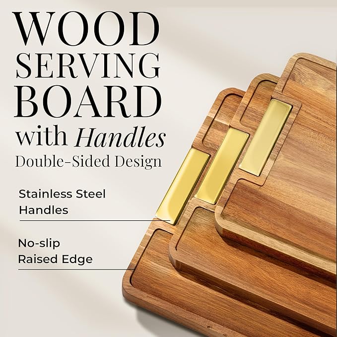 Acacia Wood Cutting Board Set with Holder – 4 Piece Wooden Cutting Board Set with Stand – Reversible Charcuterie Tray with Juice Grooves and Gold Handles – Stylish Kitchen Gift