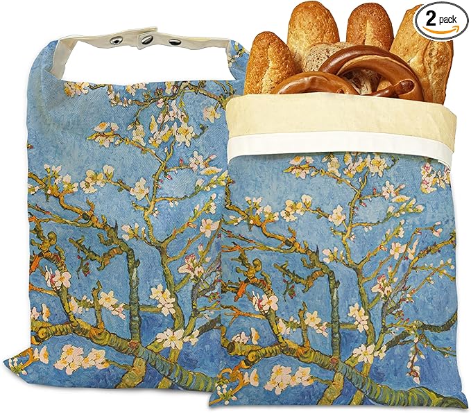 Bread Bags for Homemade Bread, Blossoming Almond Tree Van Gogh 2 Pack Linen and Beeswax Sourdough Storage Bags, Reusable Keeper, Keeps Breads Fresh Longer, Gifts for Bakers