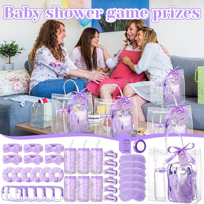 48 Pcs/6 Sets Baby Shower Prizes Winners Include Glass Cans Spa Headband Plush Sleep Eye Mask Hair Claw Clips Clear Cosmetic Bags Baby Shower Player Winner Gifts Bridal Game Gifts(Purple)