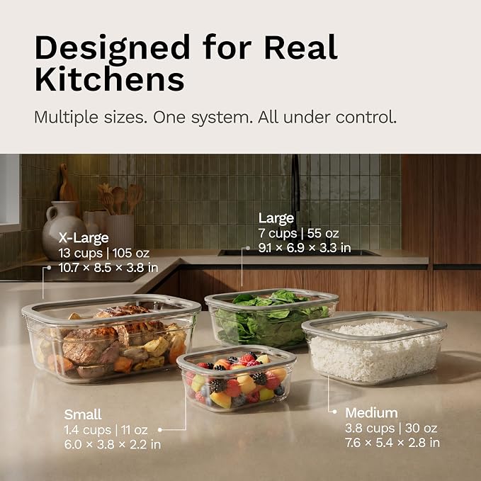 Naked Kitchen 8-Piece Food Storage Containers with Lids – Nesting Borosilicate Glass Meal Prep Containers with Leak-Proof Airtight Seal – BPA Free, Microwave, Oven, Freezer & Dishwasher Safe – Cream