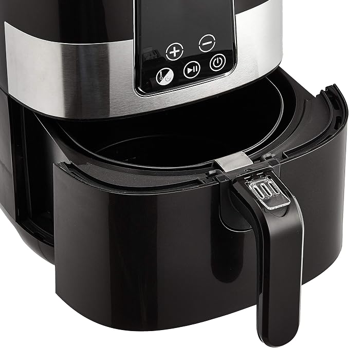 Amazon Basics 3.2 Quart 6-In-1 Digital Air Fryer with Non-Stick Basket, Timer, Auto Shut-Off, Touch Screen, 1400W, 180-400°F Temperature Range, Black/Silver