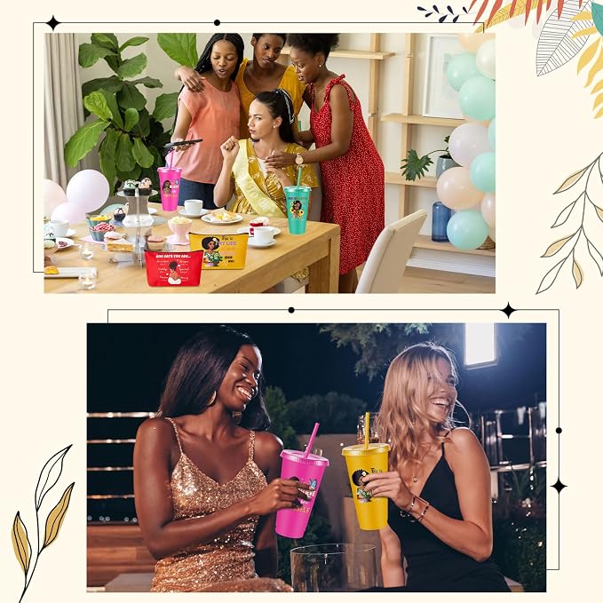 Hollowfly 12Set/48Pcs African Americans Black Women Christian Gifts Set Include 24oz Coffee Cup with Lid and Straw, Makeup Bags, Mirrors, Notepad, Black Owned Inspirational Gift for Women(Colorful)