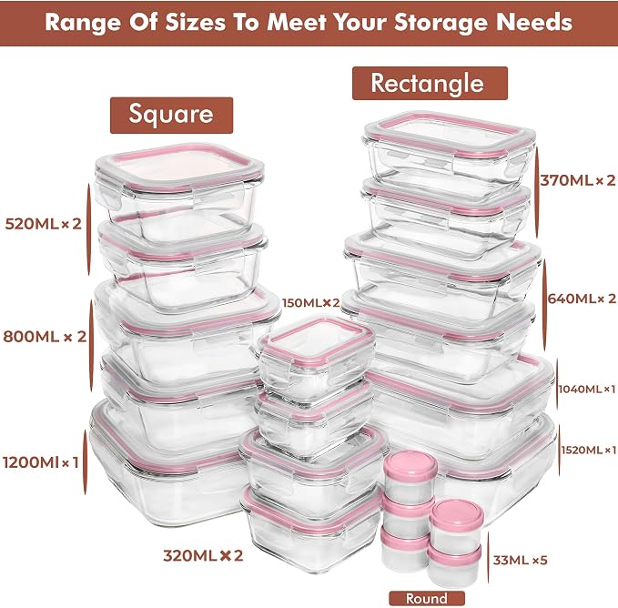 Razab 35 Pc Set Glass Food Storage Containers with Lids - Meal Prep Airtight Bento Boxes BPA-Free 100% Leak Proof (15 lids,15 glass & 5 Plastic Sauce/Dip Containers)