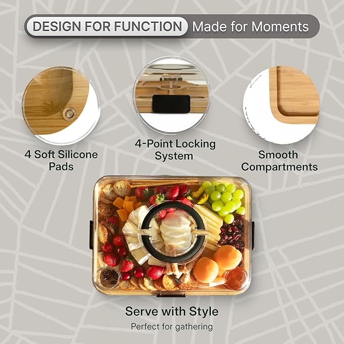 Charcuterie Board Set with Handless Lid – Bamboo Cheese Board with Sliding Drawer, 4 Stainless Steel Cheese Knives, 4 Forks, 2 Glass Bowls, Gift Bag – Perfect for Gift