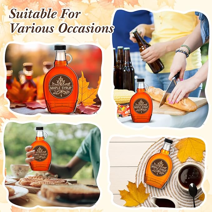 FoldTier 12 Pcs 8 oz Glass Maple Syrup Bottles Clear Reusable Glass Bottles with Lids Loop Handle and Maple Syrup Stickers Jars Container for Milk Potion Juice Sauce Oil Storage Gift(Stylish)