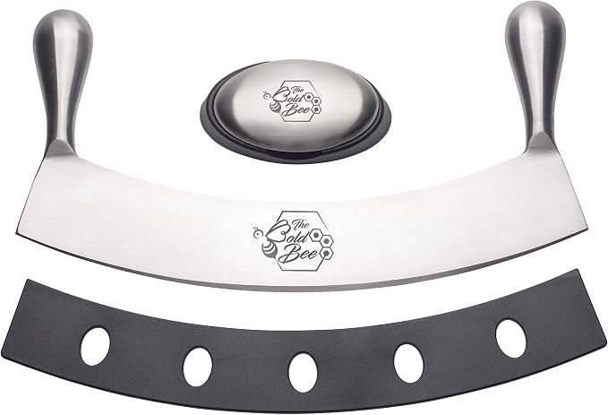 The Bold Bee's Most Popular 12" Mezzaluna Knife & Cover + FREE Stainless Steel Soap Odor Remover Neutralizer | Pizza Cutter | Fruit, Vegetable & Salad Chopper & Dicer | Herb Mincer