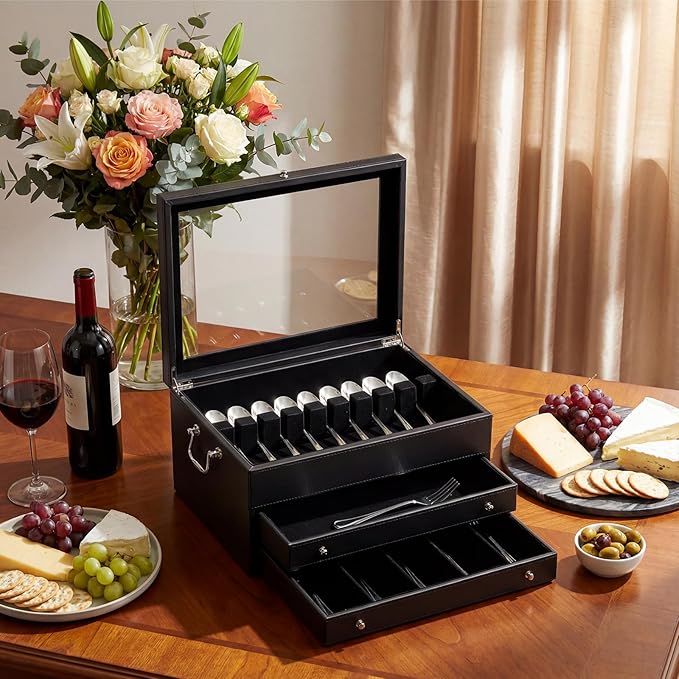 DoubleFill 3 Layer Leather Silverware Storage Box with Lid and Handles, Anti Tarnish Silverware Storage Chest Case with Felt-lined for 12-16 or More Sets of Utensils Flatware Gifts, 15.3x11.2x9 Inch