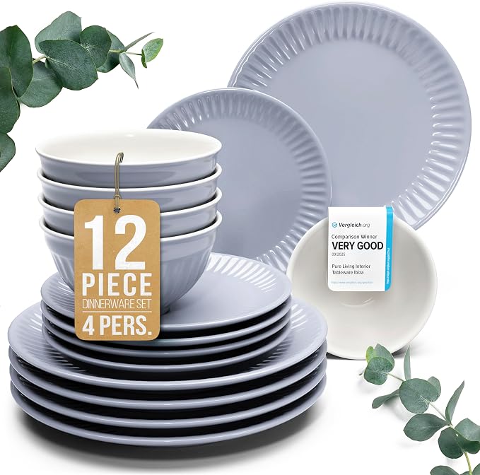 Stoneware Dinnerware Set for 4 People HYGGE 12-Piece - Elegant Scandi Design - Premium Dish Set - Bowl and Plate Set - Tableware for 4 People in a Ribbed Design - Pure Living in Gray-Blue