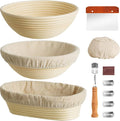 Kikcoin 9" & 10" & 10" Banneton Bread Proofing Basket Set, Round & Oval Banneton Basket for Sourdough Baking, Baking Supplies with Linen Liner, Bread Lame & Dough Scraper, Sourdough Proofing Tools