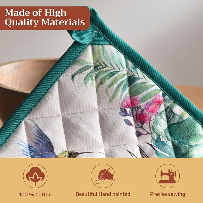 Maison d' Hermine 100% Cotton Oven Mitt & Pot Holder Set (7.5"x13" & 8"x8") Heat Resistant BBQ Cooking Gloves with Loop Baking Grilling Kitchen Gifts for Mothers Day Spring/Summer (Tropiques)