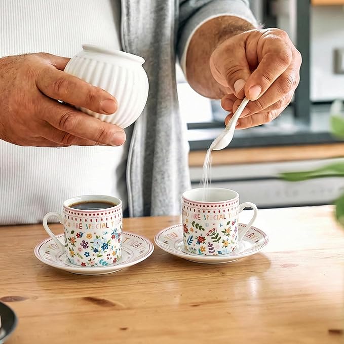 Floral Espresso Cups & Saucers Set of 6, 3oz Small Coffee Mugs, Ceramic Demitasse Cup for Tea, Latte, Espresso Shot Cup for Espresso Machine & Coffee Maker, Women Gifts for Mother's Day, Birthday