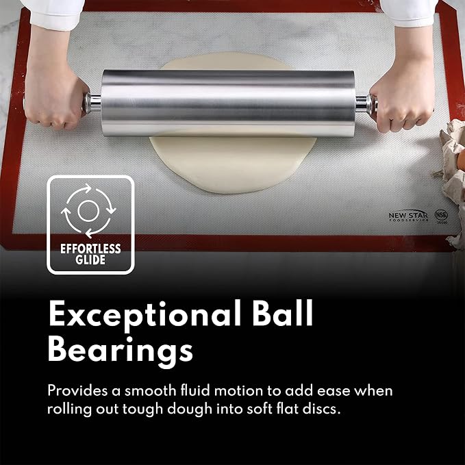 New Star Foodservice 15 Inch Aluminum Rolling Pin, Extra Heavy Duty Commercial Dough Roller with Rotating Barrel and Handles, Silver
