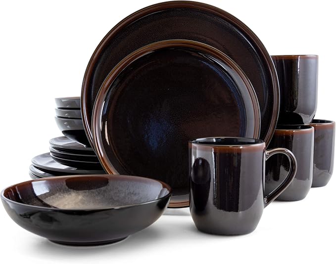 Elama Midnight Beach 16 Piece Dinnerware Set in Metallic Black