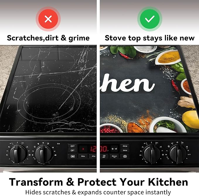 Decorative Stove Top Covers for Electric Stove 28"x20" – Heat Resistant Glass Cooktop Protector Dish Drying Mat – Non-Slip Rubber Backing Washer Top Cover Waterproof Extra Counter Space (Kitchen 5)