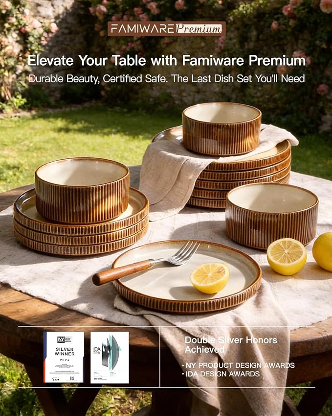 Stoneware Plates and Bowls Dishes Sets Service for 6 (18-Piece), Famiware Premium Handcrafted Reactive Glaze Dinnerware Set with Raised Rim, Scratch Resistant, Microwave Dishwasher Safe, Cream Cocoa