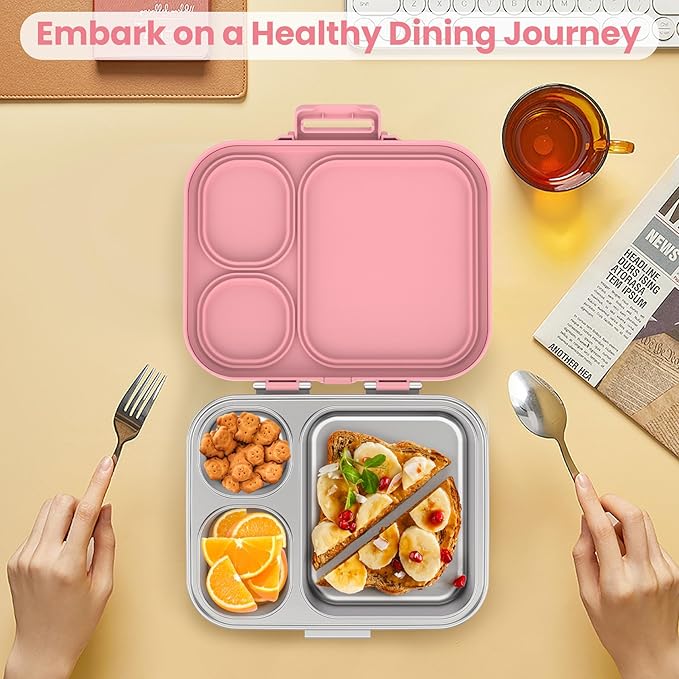 Pawtong Stainless Steel Bento Lunch Box for Kids | 3-Compartment Lunch Box Container Kids | 100% Leakproof, Eco-Friendly, Perfect Portion Control for Kids&Adult Healthy Meals (Pink)