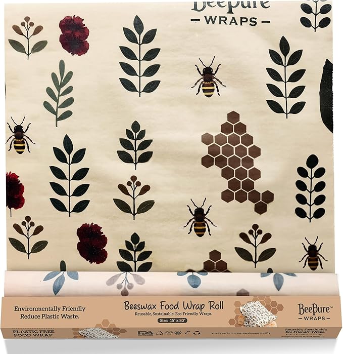 BeePure Reusable Beeswax Food Wrap - Eco-Friendly, Sustainable Wrap Roll (15"x80") - Plant & Bee Pattern for Food Storage