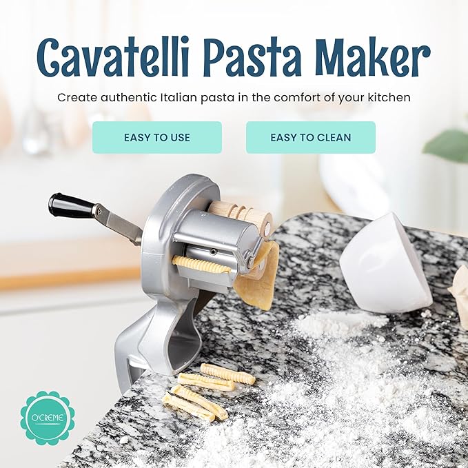 O'Creme Wooden Roller Cavatelli Pasta Maker – Original Italian Pasta Roller Machine – Non-Stick Coating Wooden Rollers Gnocchi Maker Pasta Attachment – Easy to Clean and Precision Cut