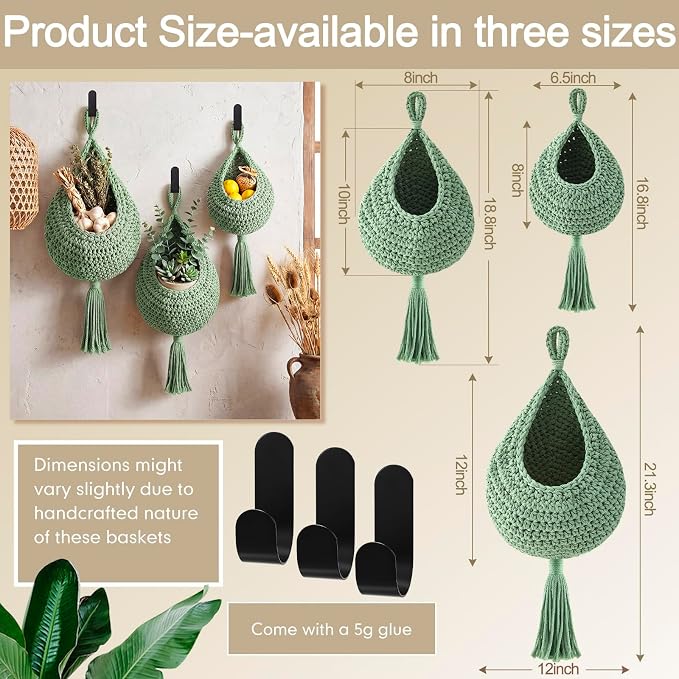 Honeydak Boho Decor Hanging Wall Baskets for Kitchen 3 Pack Teardrop Baskets with Hooks Storage Fruit Onion Vegetable Potato for Home 3 Sizes (Sage Green,Tassel,Cotton Rope)