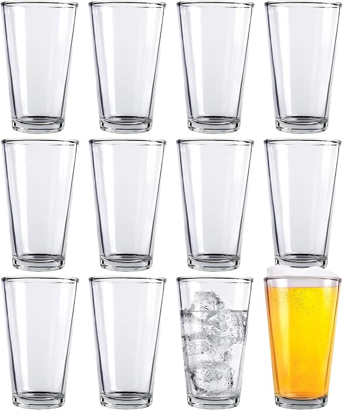 Kitchen Lux Pint Beer Glasses Set of 12 – 16 oz Tall Clear Drinking Glasses and All Purpose Tumblers – Heavy Base Cocktail, Water, Juice Glass – Pub Style Design For Home Dining, Bars, and Parties