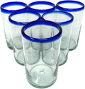 Dos Sueños Hand Blown Mexican Drinking Glasses - Set of 6 Glasses with Cobalt Blue Rims (14 oz each)