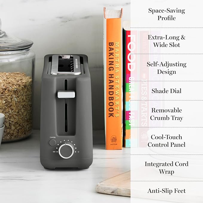 Martha Stewart 2 Slice Long Slot Toaster, Extra Wide for Sourdough & Bagels, 10 Setting Shade Control, Removable Crumb Tray, Self-Centering Design, Defrost/Reheat, Cancel, Slim Space-Saving, Caviar