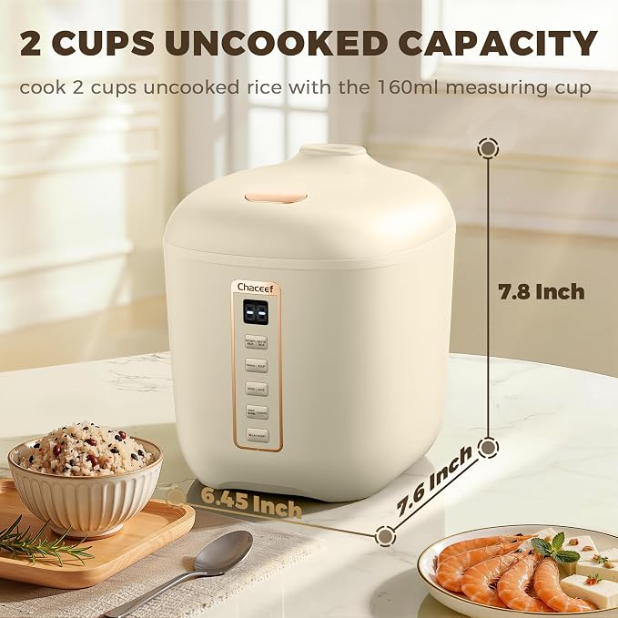 CHACEEF Mini Rice Cooker 2 Cups Uncooked, 1.2L Rice Cooker Small, Portable Non-Stick Small Travel Rice Maker, BPA Free, Smart Control Multifunction Cooker with 24 Hours Timer Delay & Keep Warm Function, Beige