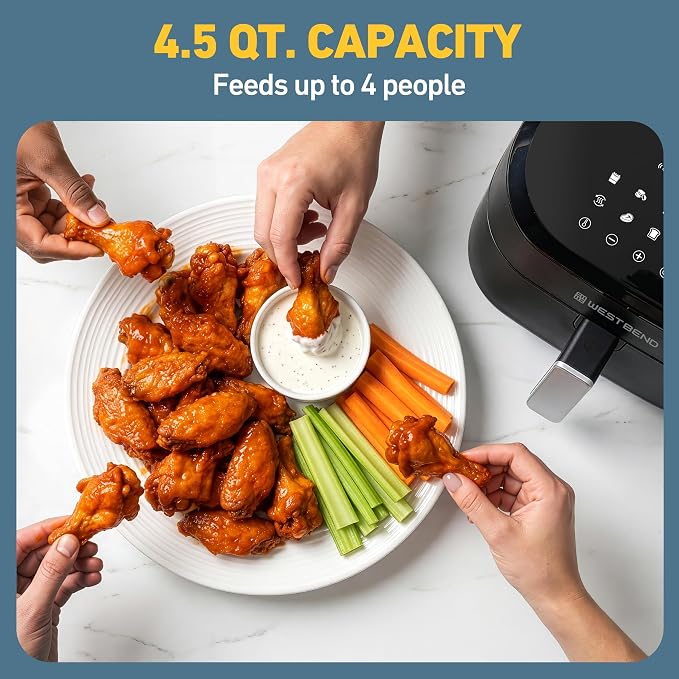 West Bend Digital Air Fryer 4.5 Qt Compact with 12 Presets, Adjustable Temperature for Quick Crispy Meals, Nonstick Easy Clean Basket and Shake Reminder, 1500W, in Black/Silver
