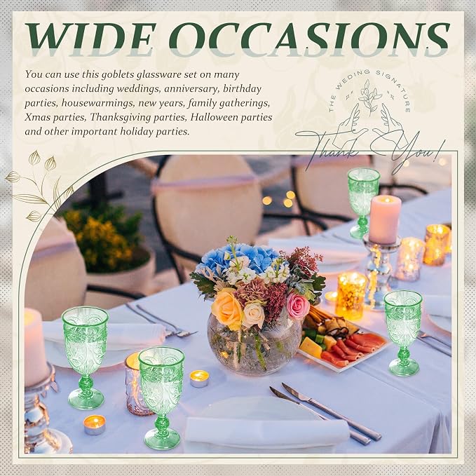 Wiwiqing 6 Pcs Plastic Goblets 7.5oz Vintage Goblet Plastic Wine Glasses Colored Retro Embossed Water Goblets for Wine Bar Juice Baby Shower Wedding Reception Grand Event Party (Green)
