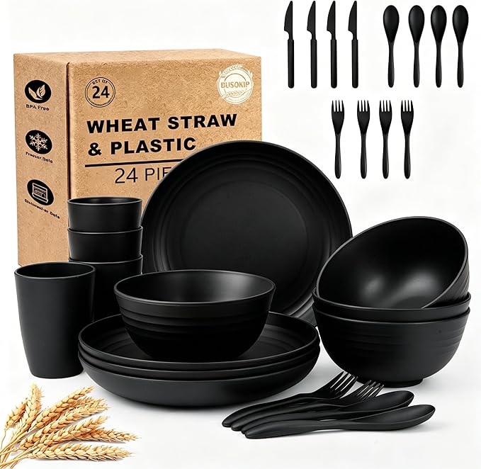 Plates and Bowls Sets for 4, Unbreakable Wheat Straw Dinnerware Sets 24 Piece, Microwave Safe Plates, Bowls and Cups Set, Dish Set for Camping, RV, Kitchen Essentials for New Apartment - Black