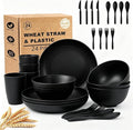 Plates and Bowls Sets for 4, Unbreakable Wheat Straw Dinnerware Sets 24 Piece, Microwave Safe Plates, Bowls and Cups Set, Dish Set for Camping, RV, Kitchen Essentials for New Apartment - Black