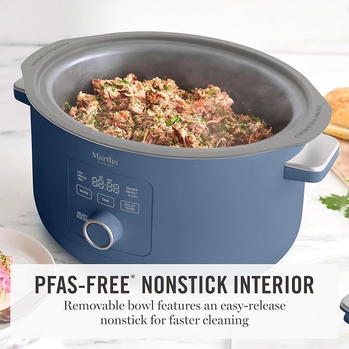 Martha Stewart 8 QT Slow Cooker, Programmable with Timer, 3 Heat Settings (Low, High, Warm), Nonstick Ceramic Removable Crock, Stovetop & Oven Safe, Glass Lid, Simmer, Reheat, Warm, Indigo
