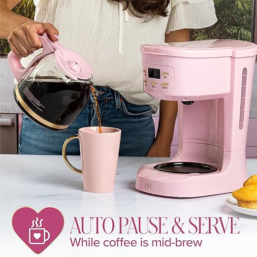 Paris Hilton Digital Coffee Maker, 12-Cup Programmable Drip Coffee Machine with Reusable Filter, Bold Brew, Auto Pause and Serve, Keep-Warm Plate, Glass Carafe, Pink