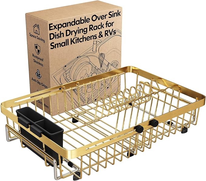 MAJALiS Gold Dish Drying Rack Over The Sink with Utensil Holder | Expandable Stainless Steel Dish Drainer for Small Kitchen, Apartment, RV, Counter Space Saving, Perfect Fit, Rustproof