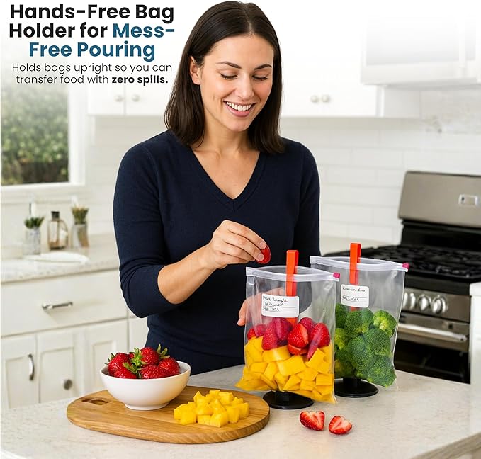 Jokari Suction Cup Fortified Baggy Rack 4 Pack For More Stability When Filling Plastic Freezer Storage Zip Lock Bags. Sturdy Clips Hold Containers Open to Pour Leftovers and Meal Prep Ingredients.