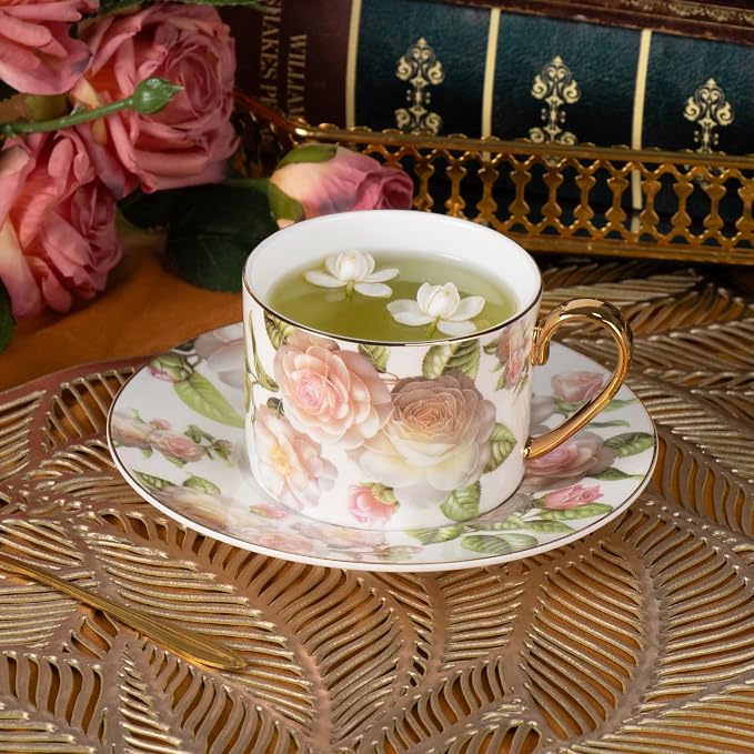 KAMMAK Tea Cups and Saucers Set of 2, Porcelain Coffee Cups, Stackable Espresso Mugs, Ceramic Demitasse for Coffee, Cappuccino, Latte, Americano, Tea, White Rose