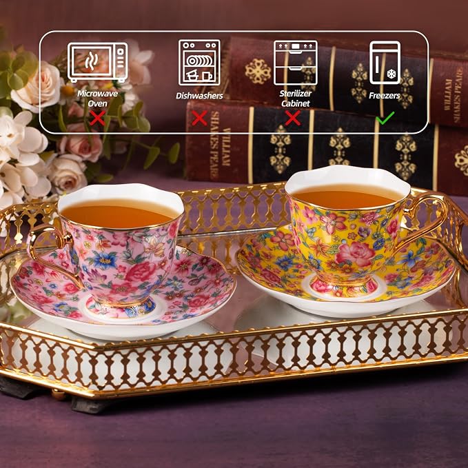 KAMMAK Tea Cups and Saucers Set of 2, Porcelain Coffee Cups, 6.3oz Stackable Espresso Mugs, Ceramic Demitasse for Coffee, Latte, Americano, Tea (645N+646N)