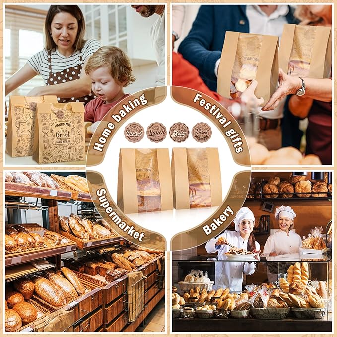 Spakon 120 Pack Large Kraft Paper Bread Bags for Homemade Bread 14 x 8.3 x 3.5 Sourdough Bakery Bags with Window with 120 Pcs Baked with Love Stickers for Baked Food Packaging Storage