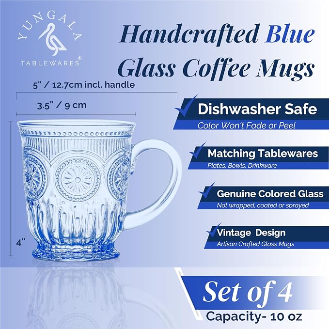 Blue Glass Mugs Set of 4, 10oz Coffee Cups or Vintage Tea Cups, Aesthetic Blue Mug Set, Unique Tea Cup Glass with Sunflower Design, Dishwasher Safe, Lead-Free