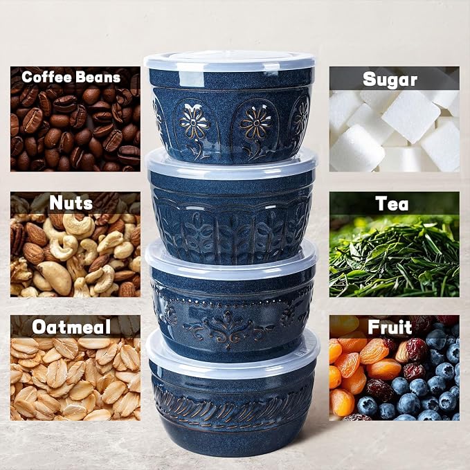 Artena Meal Prep Containers 22 OZ, 4 Pack Snack Containers, Reusable Food Storage Containers With Lids For Soup Yogurt Oatmeal Lunch Breakfast, Ceramic Cereal Bowls (Blue, Multiple Patterns)