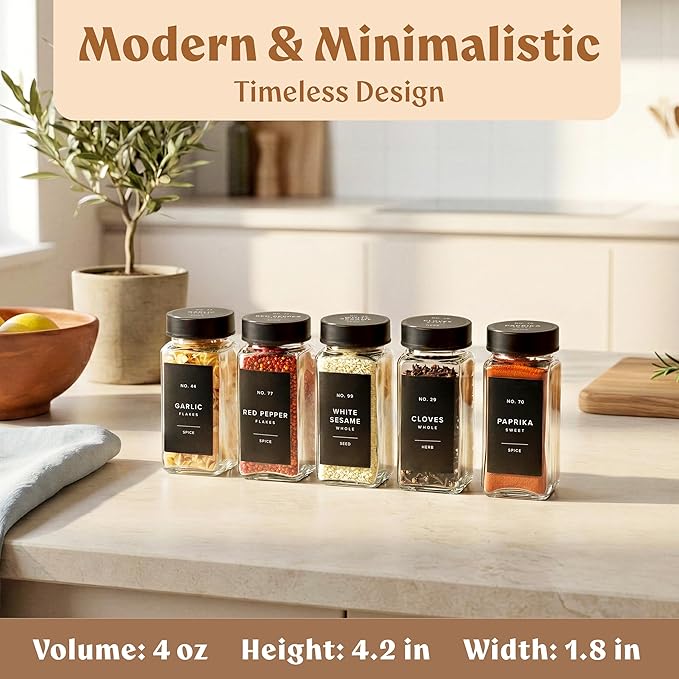 EDELHAUS Square Glass Spice Jars (24 x 4oz) with Black Lids + Magnetic Spice Rack for Refrigerator (Fits 12 Jars) + Bonus Slim Auxiliary Rack, 240 Labels, Shaker Inserts, Funnel