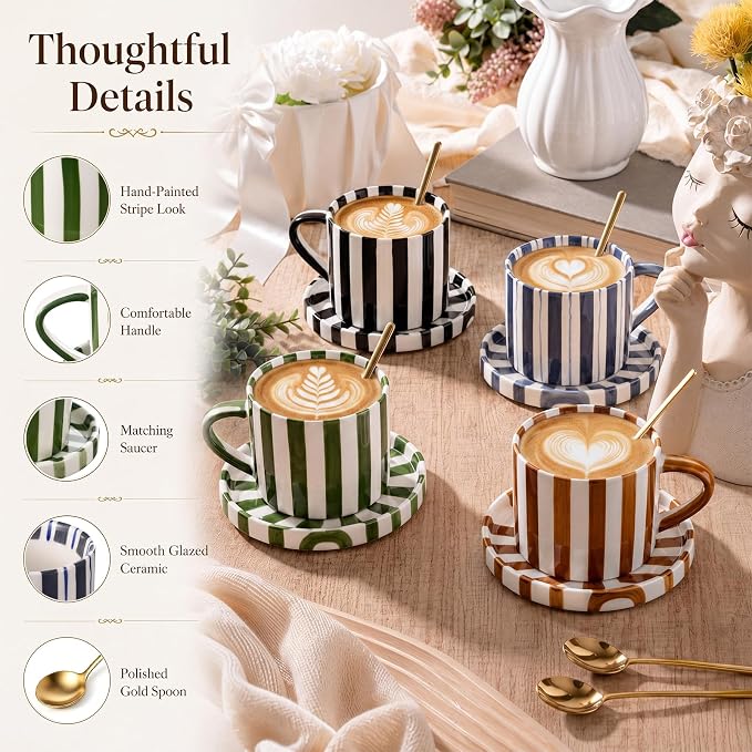 Unittype 8oz Cappuccino Cups Set of 4 with Saucer and Gold Spoons Ceramic Retro Hand Painted Striped Coffee Mugs with Handle, 4 Colors Art Cup, Dishwasher & Microwave Safe for Espresso, Latte