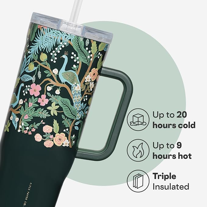 Corkcicle x Rifle Paper Co. Cruiser Insulated Tumbler with Handle & Straw - Keeps Drinks Cold 20 Hours - BPA-Free - Gift for Mom - Great for Mother's Day or Christmas - 40 oz - Peacock Blue