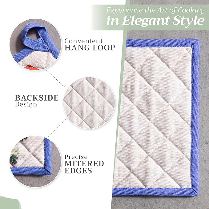 Maison d' Hermine Pot Holders 100% Cotton Heat Resistant Potholders 8" x 8" Hot Pads with Loop BBQ Cooking Baking Gifts for Mothers Day Handling Hot Pans Spring/Summer (Pack of 2, Gourmand)