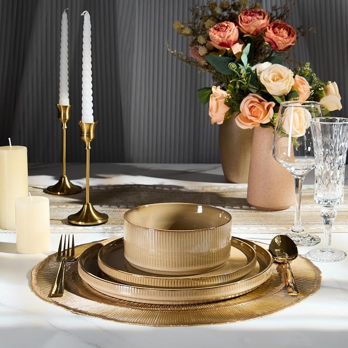 E-far 16 Piece Dinnerware Sets, Plates and Bowls with Pasta Bowls Service for 4, Modern Stoneware Ribbed Dishes for Kitchen Dining, Microwave & Dishwasher Safe, Caramel Khaki