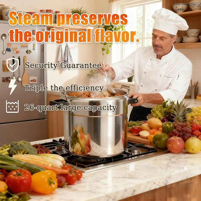 26 Quart Clamp On Pressure Cooker,Heavy-Duty Aluminum Pressure Cooker with Safety Bar Locking Lock, 2 ValvesrFast Cooking,for All Stovetops (Induction Compatible), for Family or Commercial