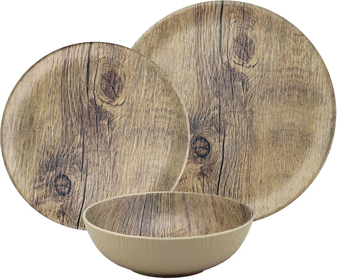 UPware 12 Piece Wood Grain Melamine Dinnerware Sets, Outdoor Dishes Set, Plates and Bowls Sets, Service for 4, Brown