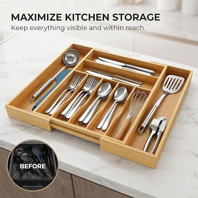 Expandable Bamboo Drawer Organizer Tray for Kitchen Utensils, Adjustable Cutlery Organizer with 7-9 Compartments, 13" to 20" Wide Wood Drawer Divider for Home