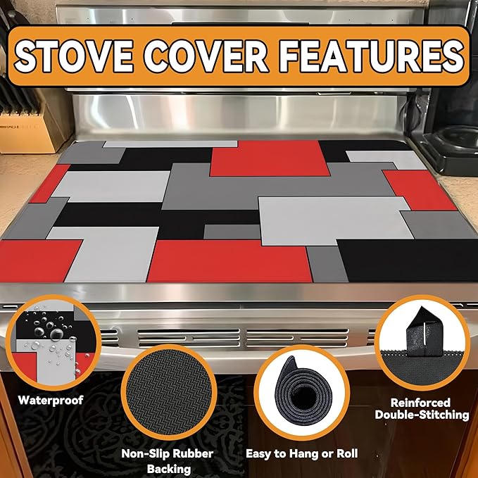 Decorative Stove Top Covers for Electric Stove 28"x20" – Heat Resistant Glass Cooktop Protector Dish Drying Mat – Non-Slip Rubber Backing Washer Top Cover Waterproof Extra Counter Space (Geometric)